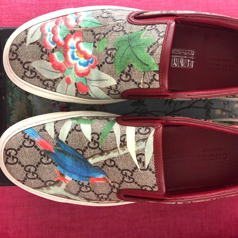 Gucci Tian Canvas Slip On Sneakers Birds Flowers